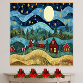 Magical Christmas Night with Moonlit Hills and Red Cabins – Folk Art Winter Wonderland Scene on Ready to Hang 1.5" Thick Canvas Wrap, Floating Framed Canvas, Flat Rolled Canvas